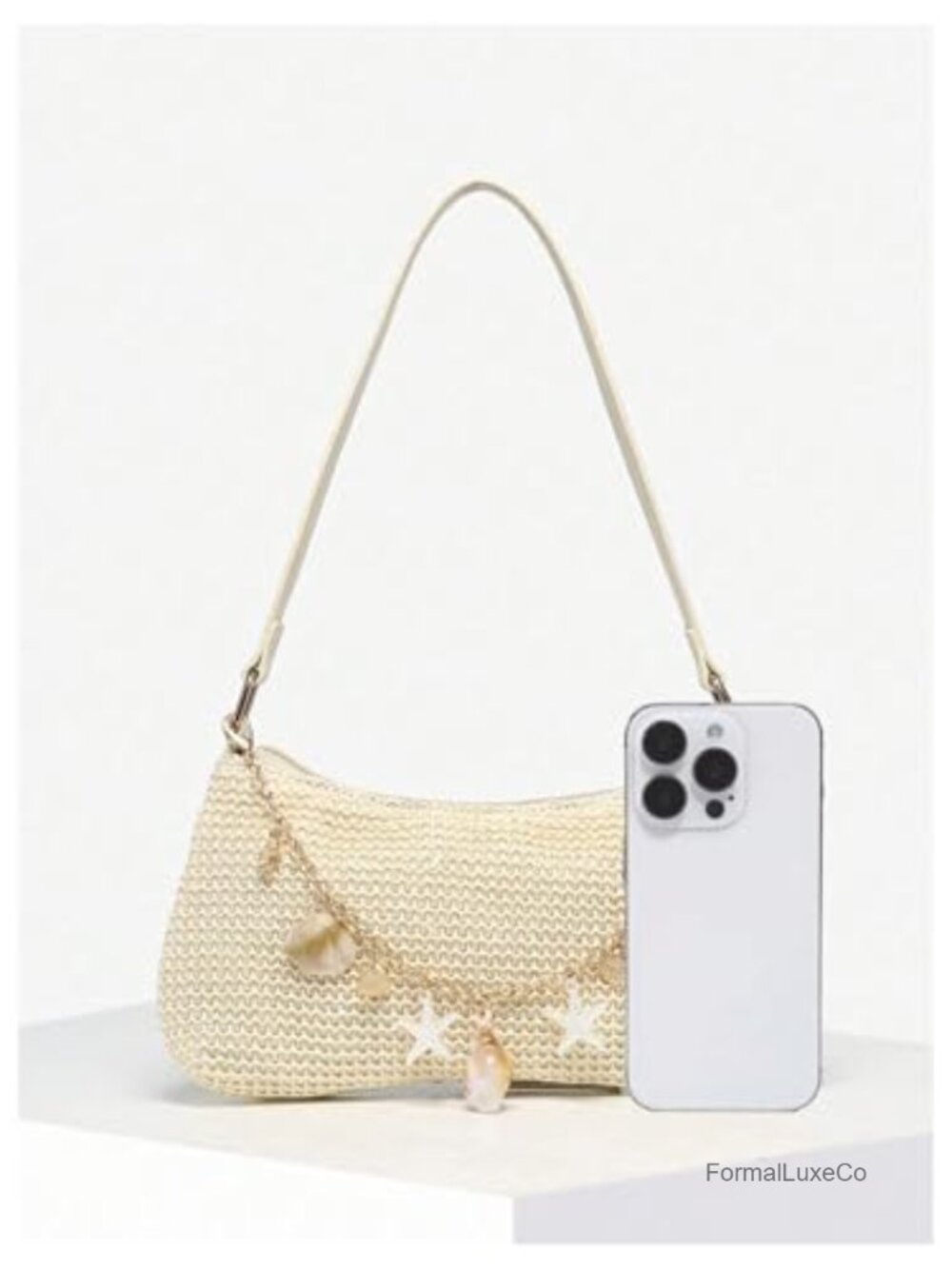 Boho Seashell Beaded Straw Clutch - Woven Shoulder Bag - Picture 3 of 7